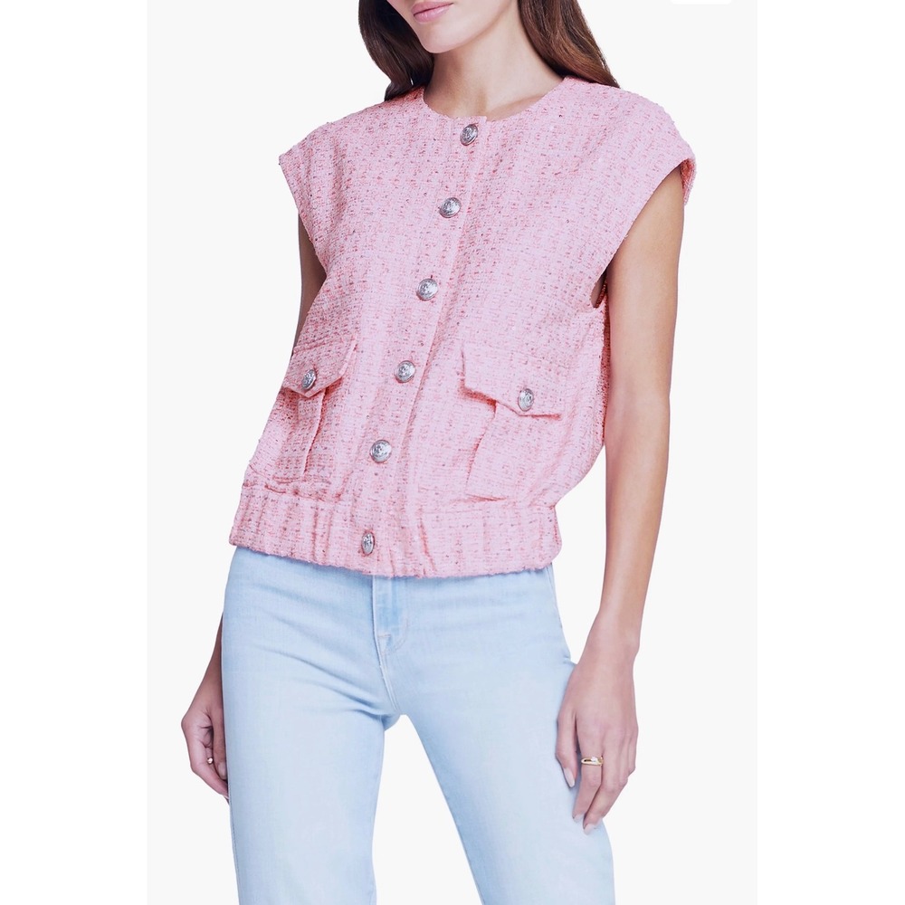 L'AGENCE Womens Uma Knot Vest S Tweed Pink Sequin Metallic Old Money Coquette